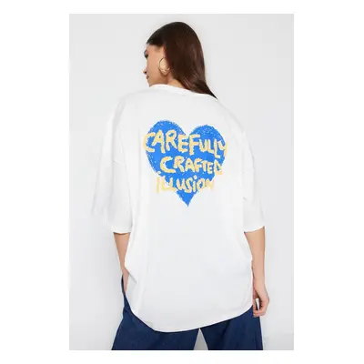 Trendyol White 100% Cotton Front and Back Embossed Printed Oversized/Wide Fit Knitted T-Shirt