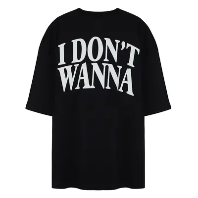 Trendyol Large Size Black Oversize Text Printed 100% Cotton Comfortable T-shirt