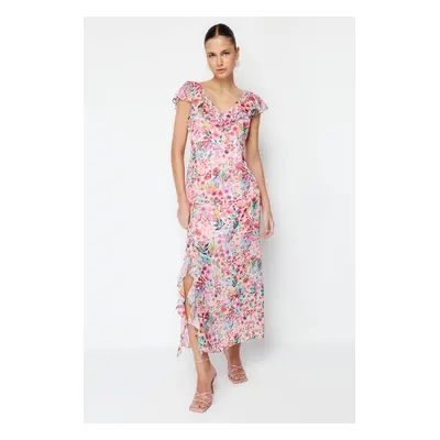 Trendyol Pink Floral Ruffle Chiffon Lined Maxi Woven Dress