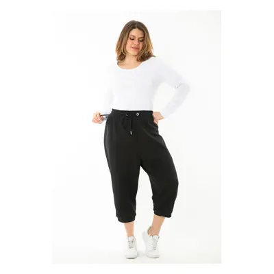 Şans Women's Plus Size Black Waist Eyelets Lace-Up And Elastic Tracksuit Bottom Capri