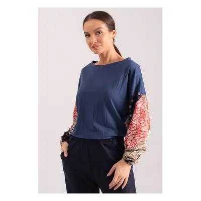 armonika Women's Dark Blue Sleeve Patterned Balloon Knitwear Sweater