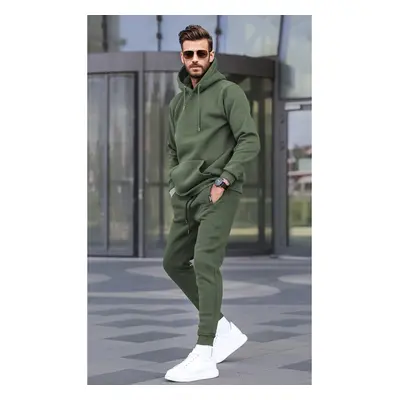 Madmext Khaki Green Hooded Basic Tracksuit Set