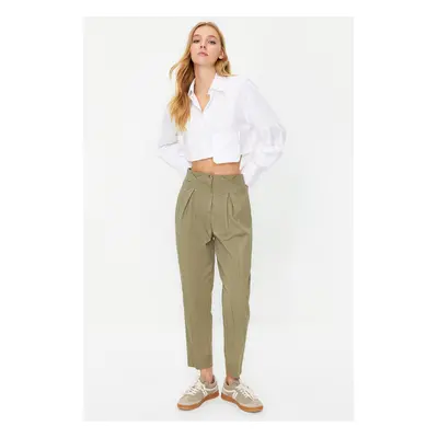 Trendyol Khaki Cotton Carrot Pattern Stripe Detail Woven Trousers