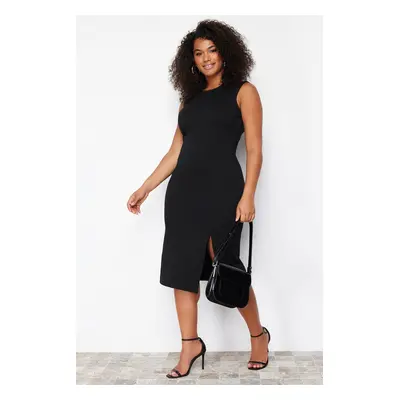 Trendyol Curve Black Slit Detailed Midi 100% Cotton Knit Dress