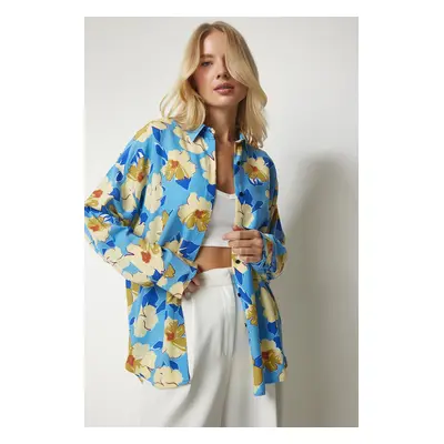 Happiness İstanbul Women's Blue Yellow Patterned Oversized Flowy Viscose Shirt