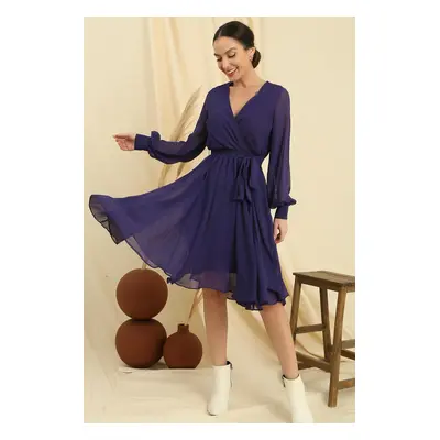 By Saygı Double Breasted Neck Long Sleeve Lined Chiffon Dress