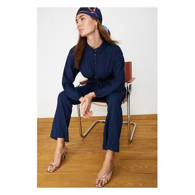 Trendyol Navy Blue Crinkle Shirt Trousers Woven Bottom Top Set