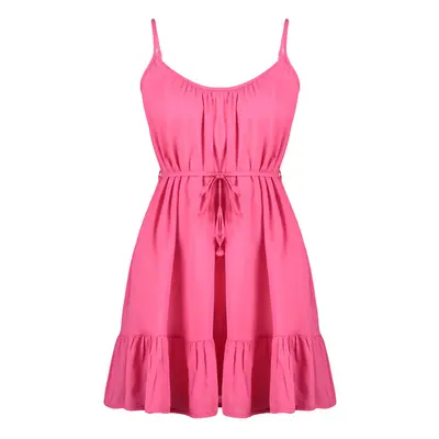 Trendyol Fuchsia Belted Mini Woven Ruffle Beach Dress