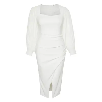 Trendyol Curve White Long Sleeve Slit Woven Plus Size Bridal/Elegant/Evening/Wedding Dress