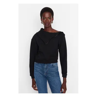 Trendyol Black Collar with Rib and Zipper Detail, Fleece Inside, Knitted Sweatshirt