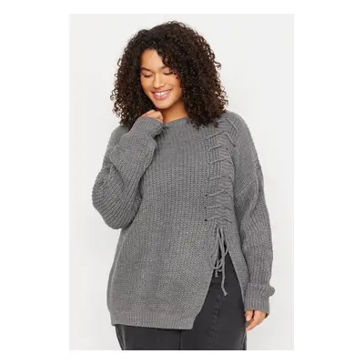 Trendyol Curve Anthracite Cross Lace-Up Detail Knitwear Sweater.