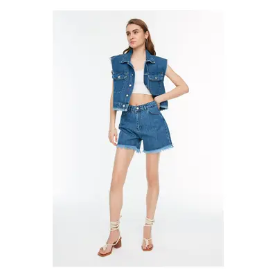 Trendyol Blue Tasseled Denim Shorts