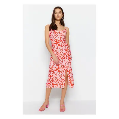 Trendyol Red Straight Cut Midi Floral Pattern Woven Dress