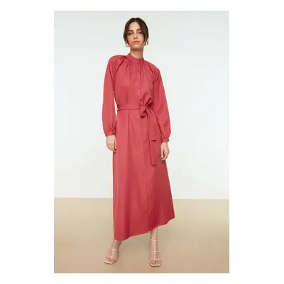 Trendyol Dark Pink Belted Judge Collar Woven Shirt Dress