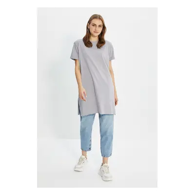 Trendyol Grey 100% Cotton Basic Short Sleeve Slit Jersey Base Layer T-Shirt