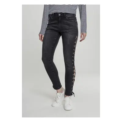 Women's Denim Pants Lace Up Skinny Pants - Black