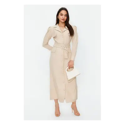 Trendyol Stone Belted Linen Look Woven Shirt Dress