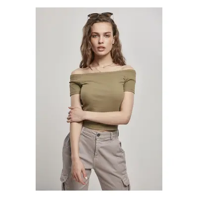 Women's t-shirt in khaki color with a stretched shoulder