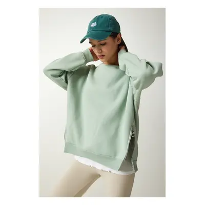 Happiness İstanbul Women's Aqua Green Zipper Detail Raised Knitted Sweatshirt