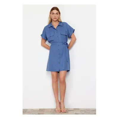 Trendyol Indigo Belted Pocket Detailed Mini Woven Shirt Dress