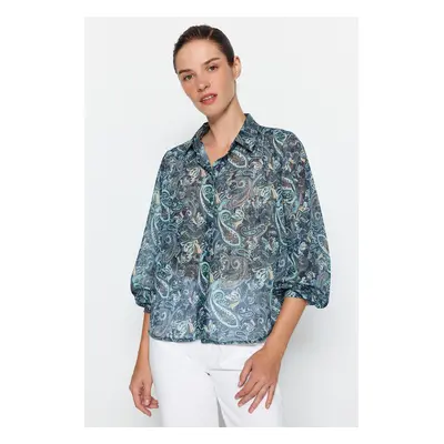 Trendyol Blue Paisley Pattern Transparent Oversize/Wide Fit Woven Shirt