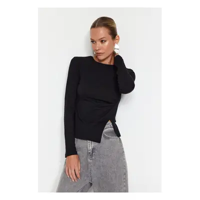 Trendyol Black Single Slit Detail Cotton Gathered Crew Neck Knitted Blouse