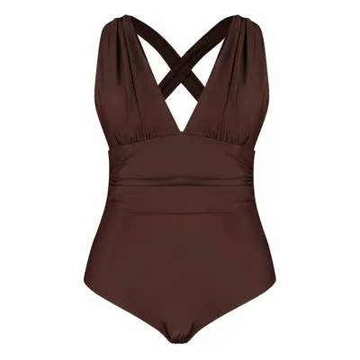 Trendyol Curve Brown Deep V Back Crossover Swimsuit