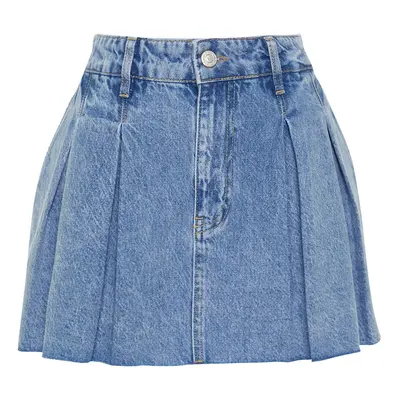 Trendyol Blue Pleated Low Waist Mini Denim Skirt