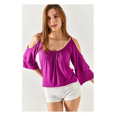 Olalook Women's Purple Ruffled Sleeves, Decollete Flowy Blouse