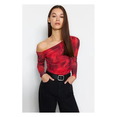 Trendyol Red Tulle Lined Asymmetrical Collar Knitted Blouse