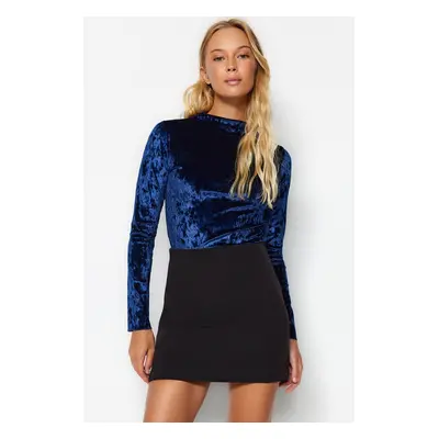 Trendyol Navy Blue Velvet High Neck Slim Fit Long Sleeve Knitted Blouse