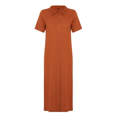 Trendyol Cinnamon Polo Neck Short Sleeve Twisted/Textured Knitted Midi Dress