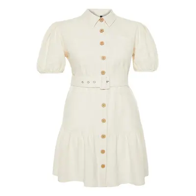 Trendyol Curve Beige Linen Look Belted Buttoned Shirt Dress