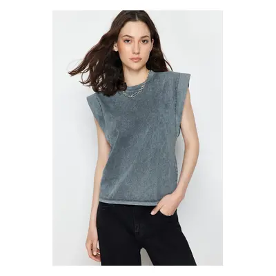 Trendyol Anthracite*001 Pale Effect 100% Cotton Wadding Look Basic Crew Neck Knitted T-Shirt