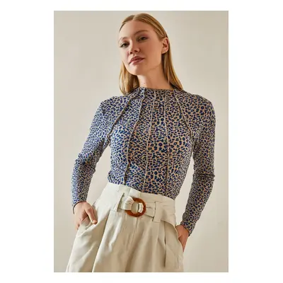 XHAN Blue Stitching Detail Half Turtleneck Blouse