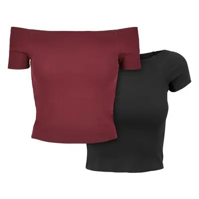 Women's T-Shirt Off Shoulder Rib Tee 2-Pack Redburgundy+Black