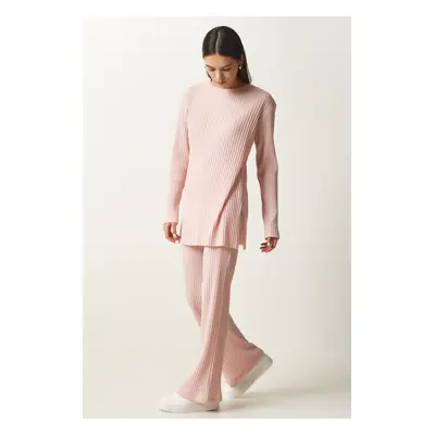 Happiness İstanbul Women's Powder Ribbed Knitted Blouse Pants Suit