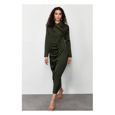 Trendyol Khaki Ruffle Detailed Woven Satin Evening Dress