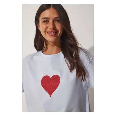 Happiness İstanbul Women's Sky Blue Sparkling Heart Printed Oversized Knitted T-Shirt