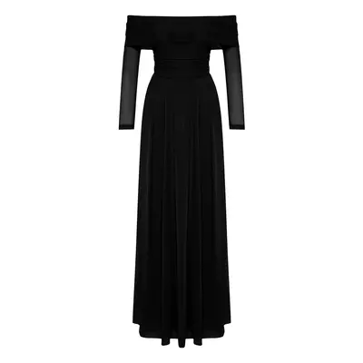 Trendyol Black A-Line Carmen Neckline Knitted Tulle Long Evening Evening Dress