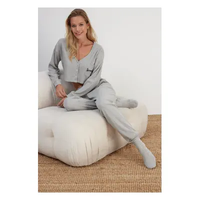 Trendyol Gray Ribbed Cotton Embroidery Knitted Pajamas Set