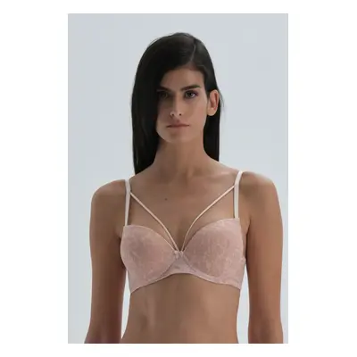 Dagi Dark Pink Half Padded Bra with Rope Detail on the Chest, Patterned Tulle Bra.