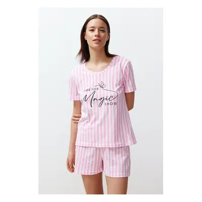 Trendyol Pink Slogan Printed Striped Knitted Pajama Set