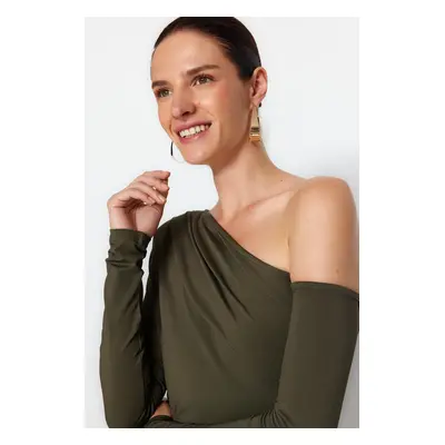 Trendyol Khaki Asymmetric Collar Long Sleeve Flexible Snaps Knitted Bodysuit