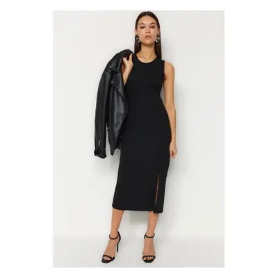 Trendyol Black Zero Sleeve Slit Detailed Bodycone/Body-hugging Flexible Knitted Midi Pencil Dres