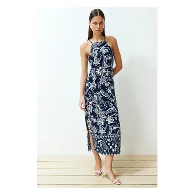 Trendyol Navy Blue Floral Straight Cut Viscose Maxi Woven Dress