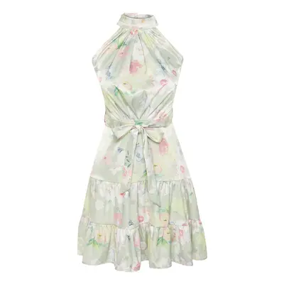 Trendyol Green Belted Floral Patterned Halter Neck A-Line Satin Mini Woven Dress