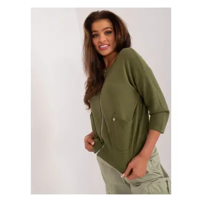 Khaki cardigan with pockets and 3/4 sleeves