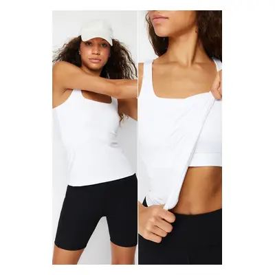 Trendyol White Gathering Layer Padded Sports Bra Square Neck Knitted Sports Top/Blouse