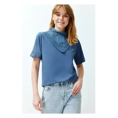 Trendyol Indigo Embroidered High Neck Basic Fit Cotton Knitted Blouse